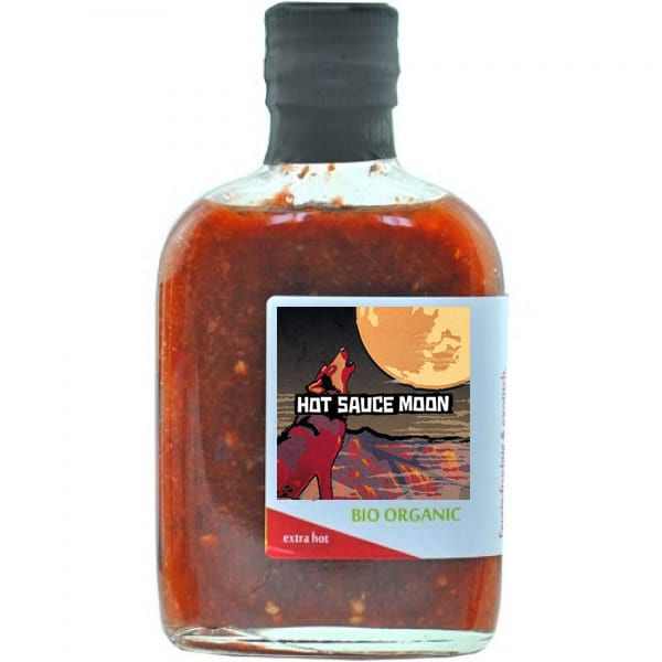 Photo of a jar of hot sauce with a label saying Hot Sauce Moon  